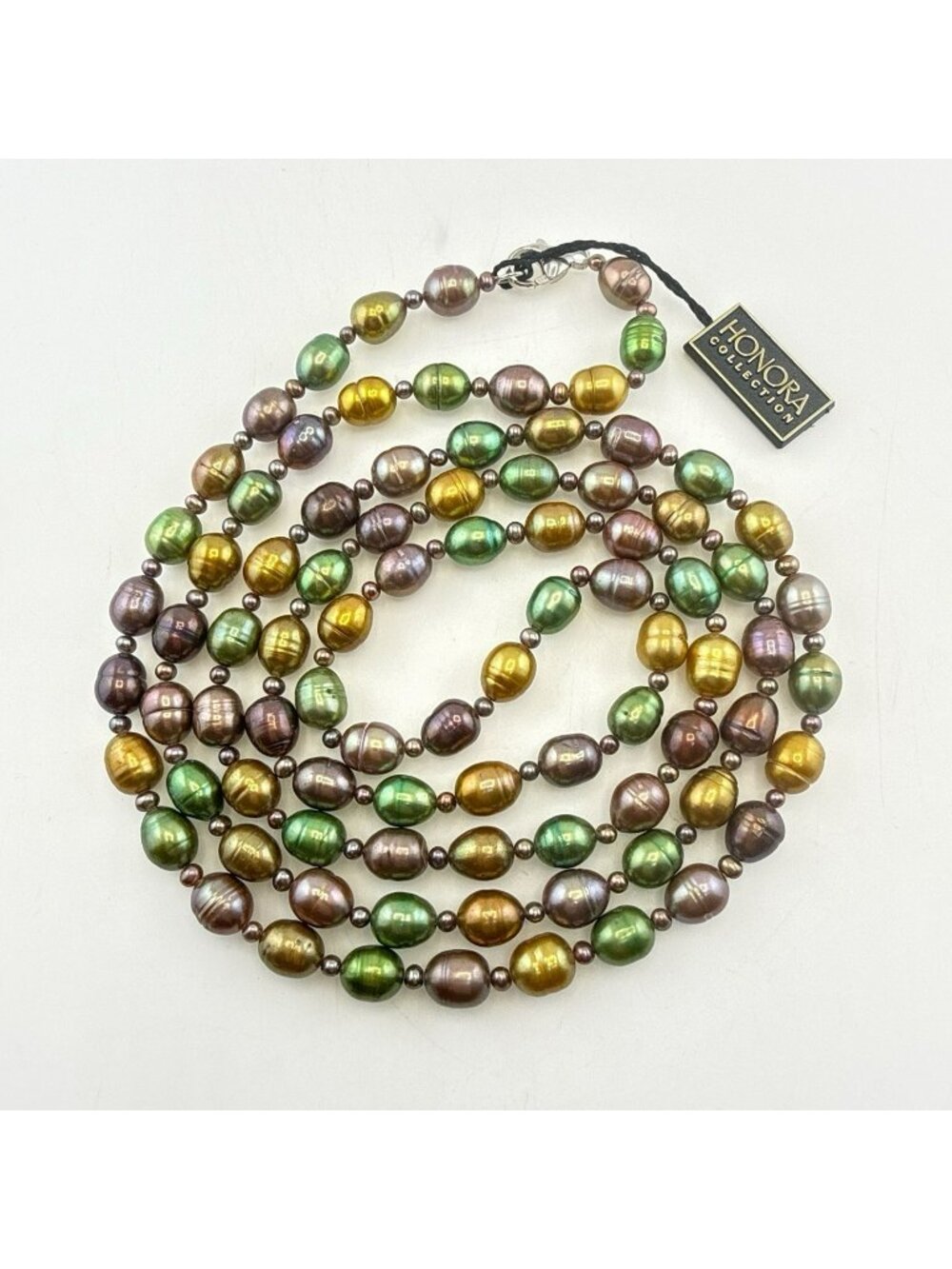 Honora Pearl Necklace Green Brown Long 48" Sterling 925 Flapper Opera Ringed